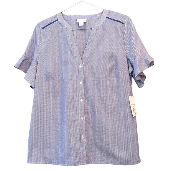 NEW LIZ CLAIBORNE Cotton Blouse Top LG V-Neck Short Flutter Sleeves Blue Crochet - Picture 5 of 10